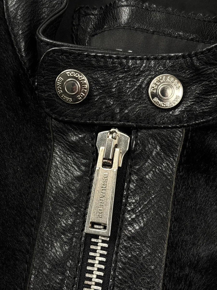 AW2015 Dsquared2 Black Leather Pony Hair Panel Biker Jacket ZsDeAhqj 8
