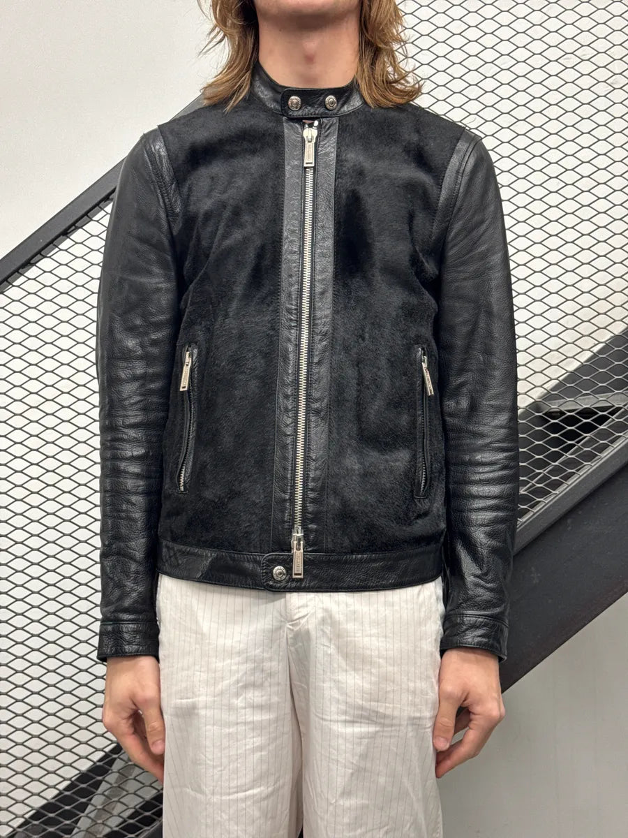 AW2015 Dsquared2 Black Leather Pony Hair Panel Biker Jacket ZsDeAhqj 1