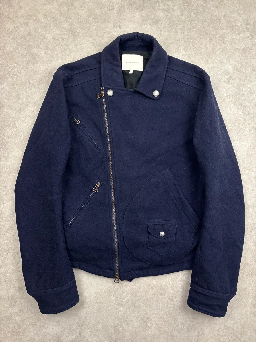 AW2013 Pierre Balmain Dark Navy Wool Asymmetric Zip Biker Jacket ZvGBWtBR 0