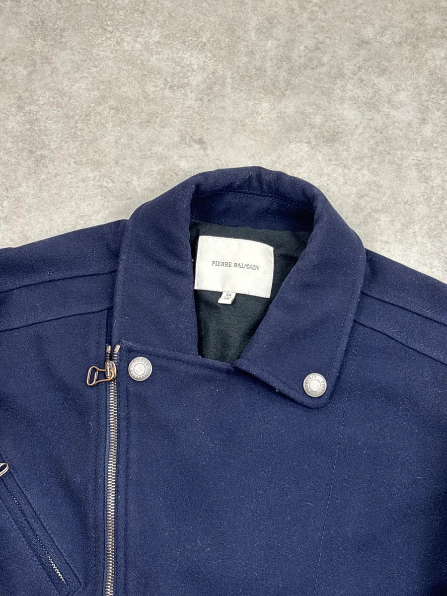 AW2013 Pierre Balmain Dark Navy Wool Asymmetric Zip Biker Jacket ZvGBWtBR 10