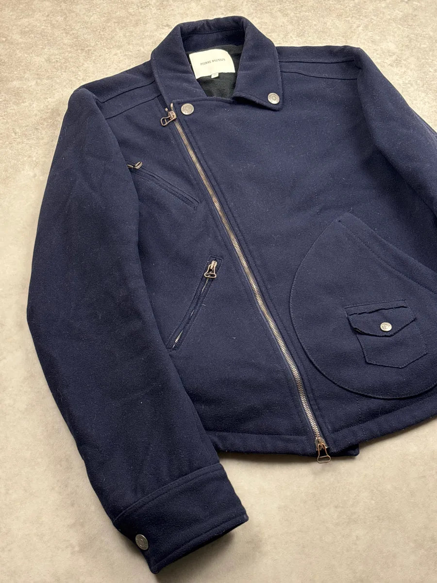 AW2013 Pierre Balmain Dark Navy Wool Asymmetric Zip Biker Jacket ZvGBWtBR 3