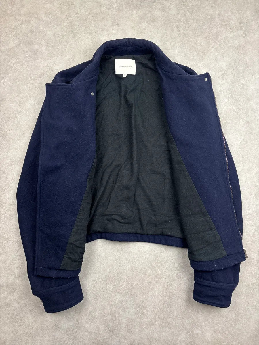 AW2013 Pierre Balmain Dark Navy Wool Asymmetric Zip Biker Jacket ZvGBWtBR 4