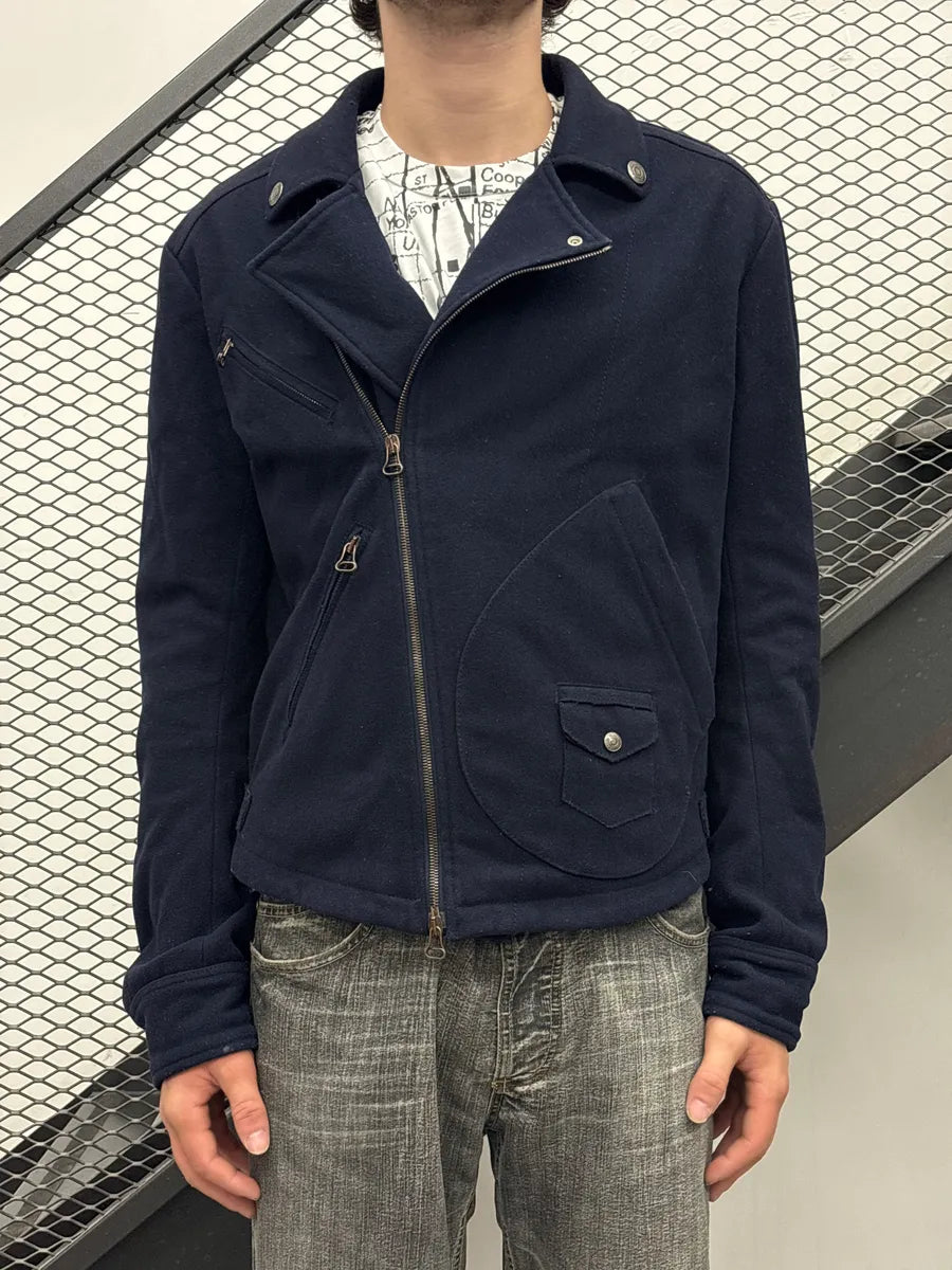 AW2013 Pierre Balmain Dark Navy Wool Asymmetric Zip Biker Jacket ZvGBWtBR 1