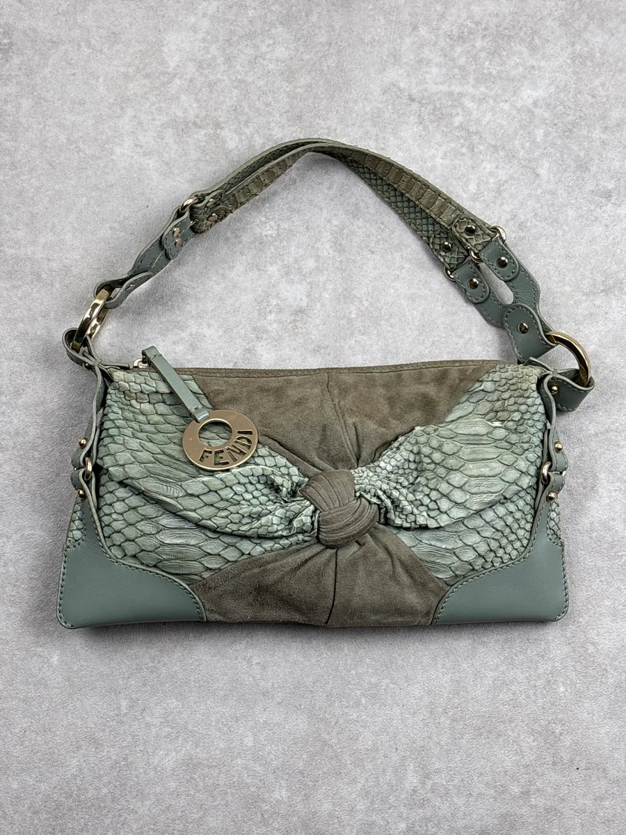 Fendi Sage Green Python Suede Knot Logo Charm Shoulder Bag ZzYMllOj 0