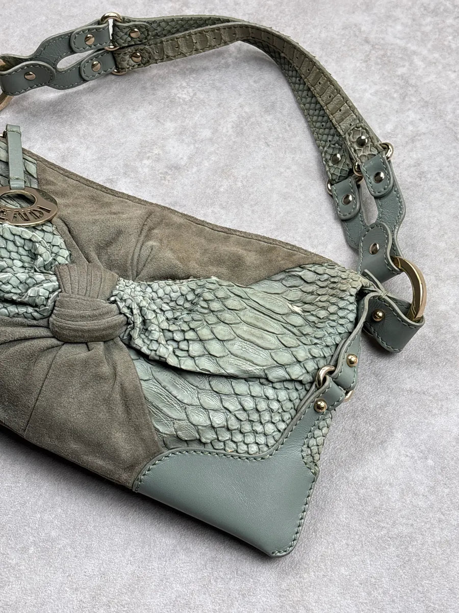 Fendi Sage Green Python Suede Knot Logo Charm Shoulder Bag ZzYMllOj 3