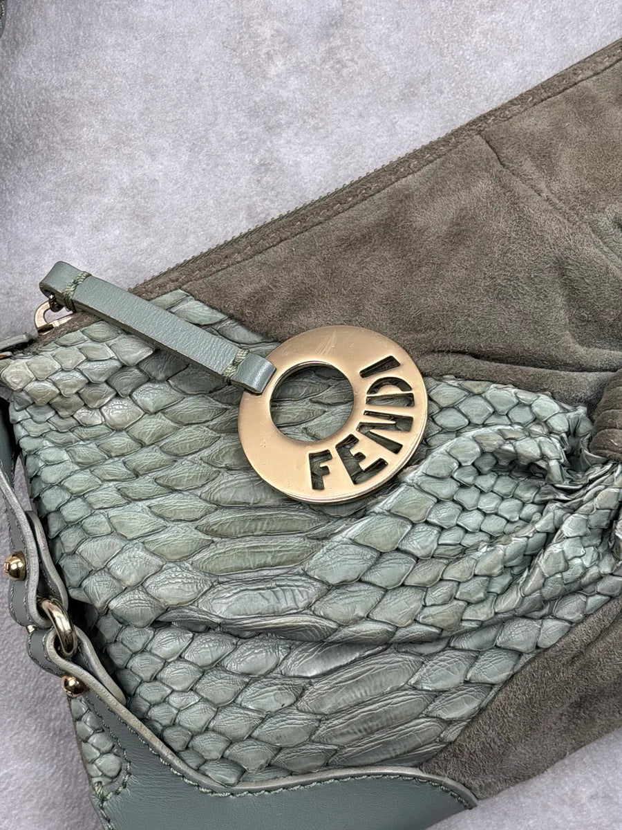 Fendi Sage Green Python Suede Knot Logo Charm Shoulder Bag ZzYMllOj 8