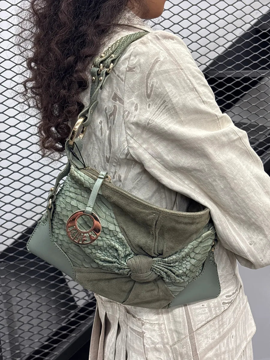 Fendi Sage Green Python Suede Knot Logo Charm Shoulder Bag ZzYMllOj 2
