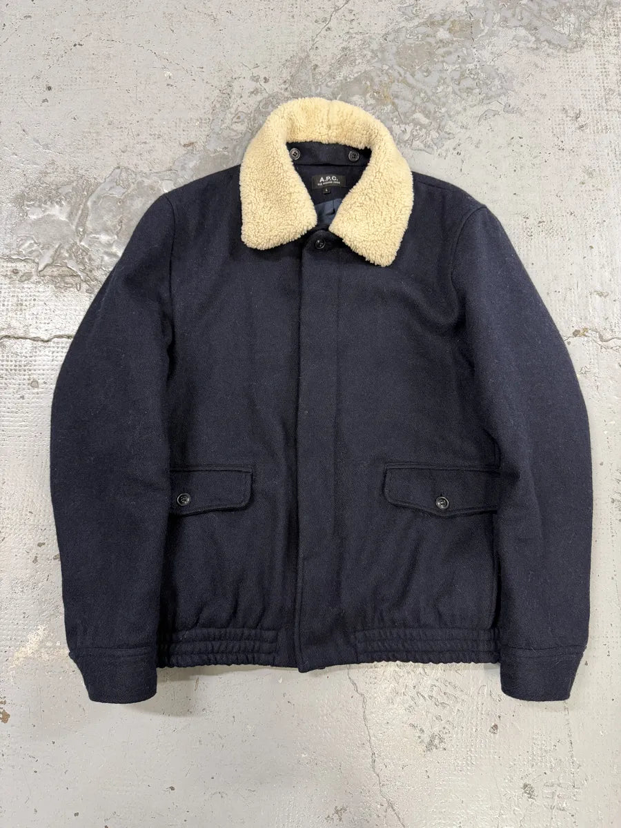 A.P.C Navy Beige Fur Collar Classy Jacket YnuIcFa 0