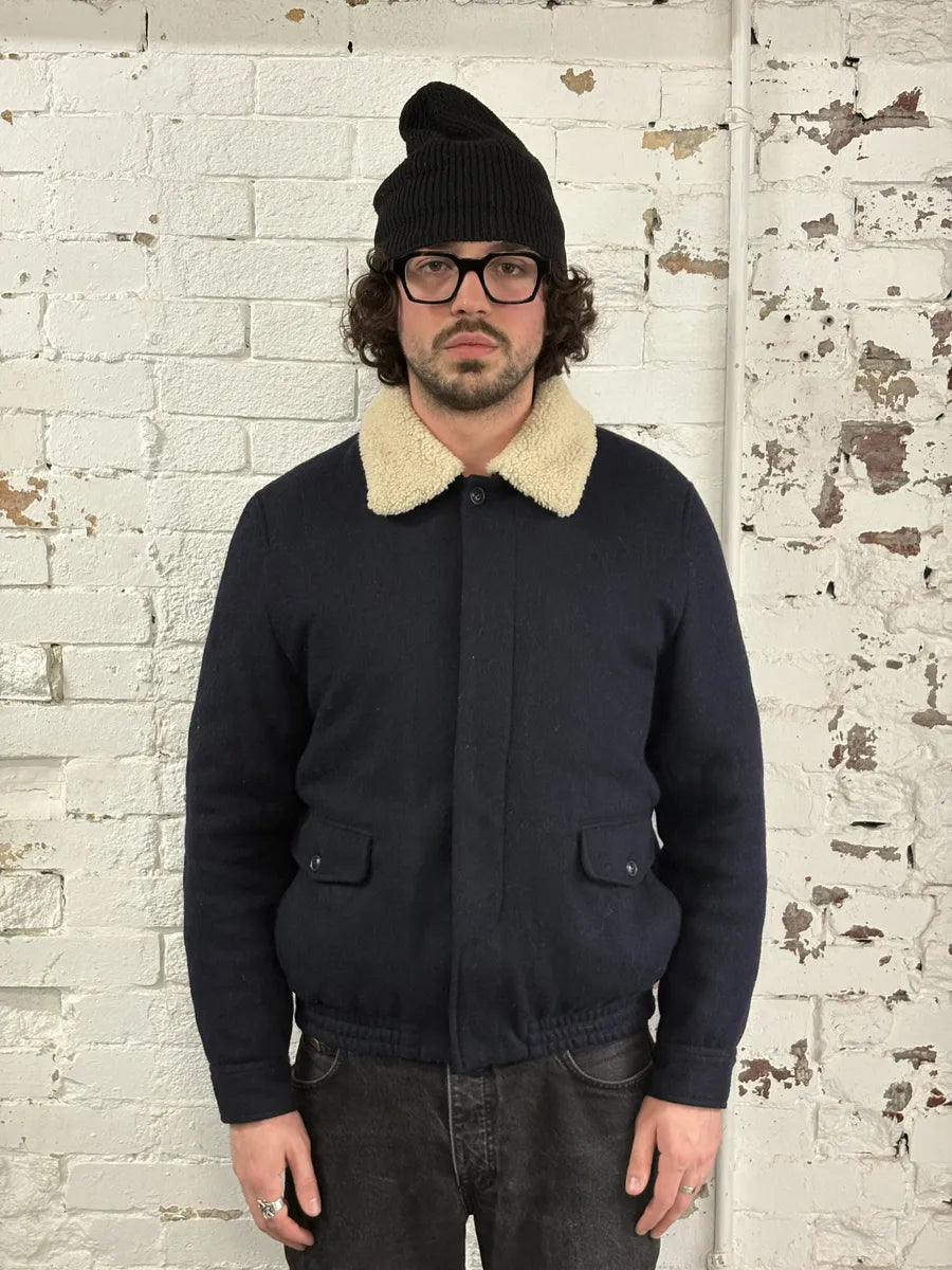 A.P.C Navy Beige Fur Collar Classy Jacket YnuIcFa 2