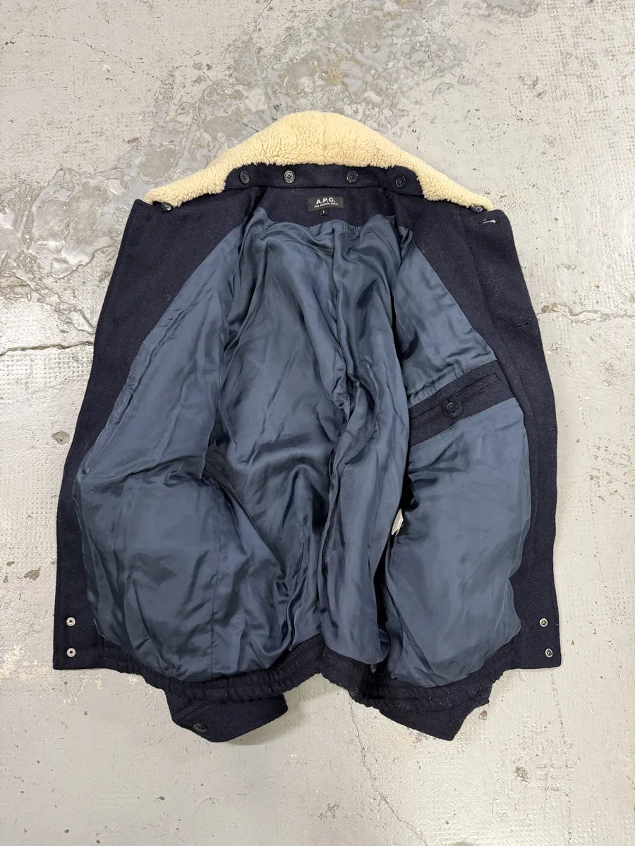 A.P.C Navy Beige Fur Collar Classy Jacket YnuIcFa 6