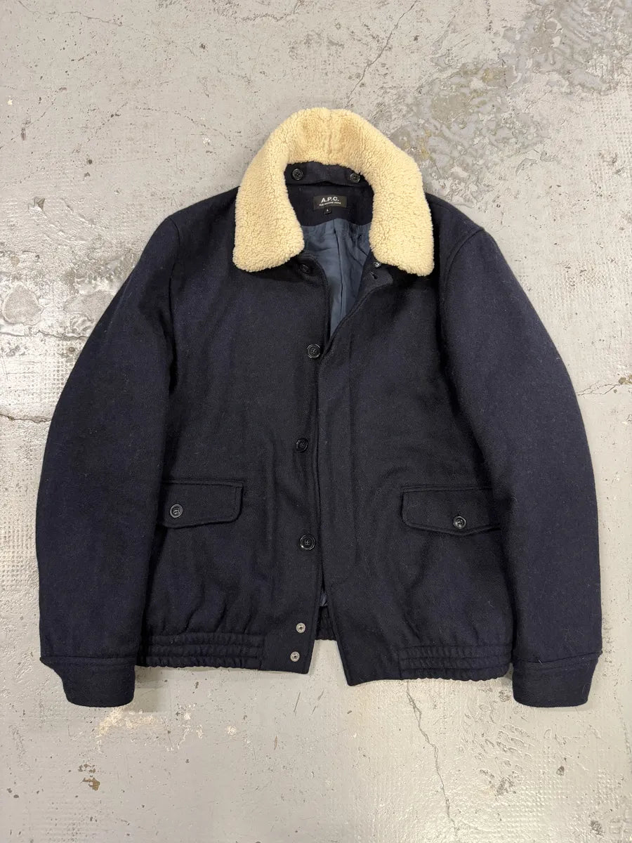 A.P.C Navy Beige Fur Collar Classy Jacket YnuIcFa 7