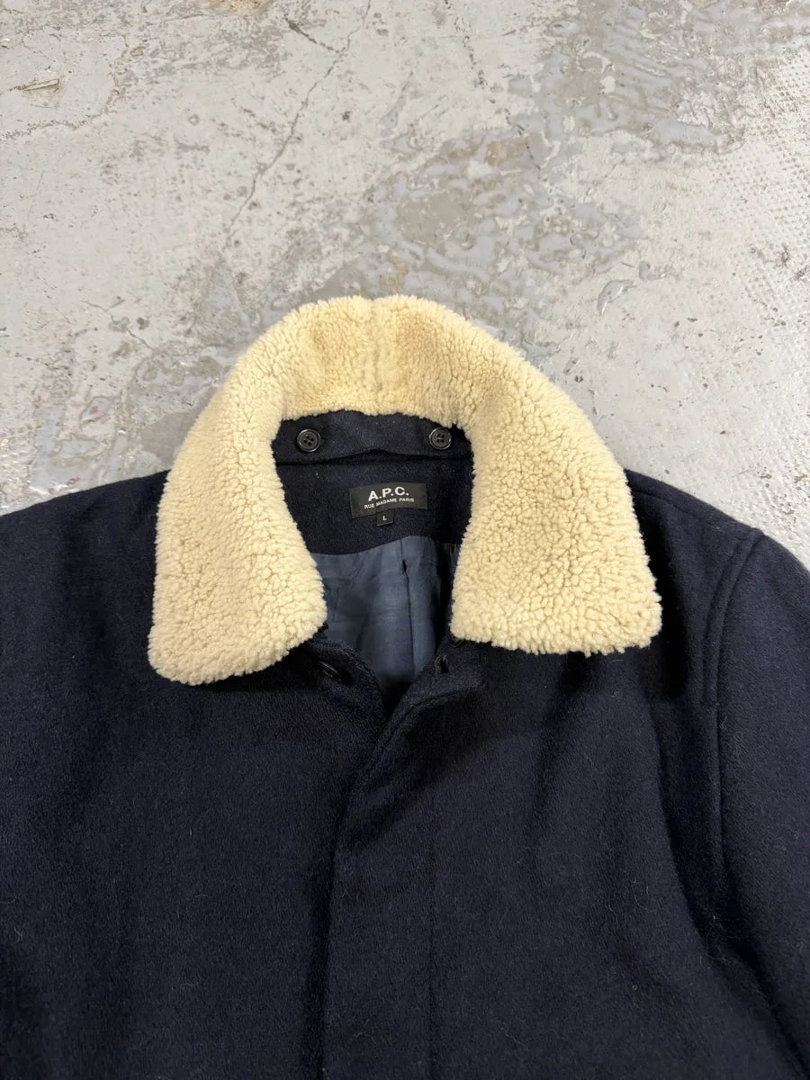 A.P.C Navy Beige Fur Collar Classy Jacket YnuIcFa 8