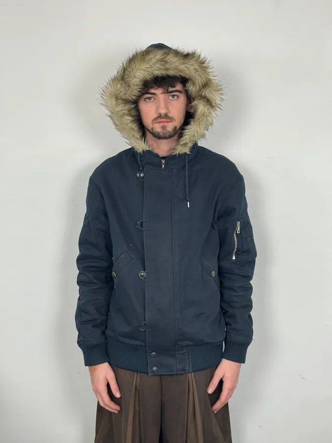A.P.C. Navy Aviator Fur Hooded Bomber Jacket vFKjRUl 2