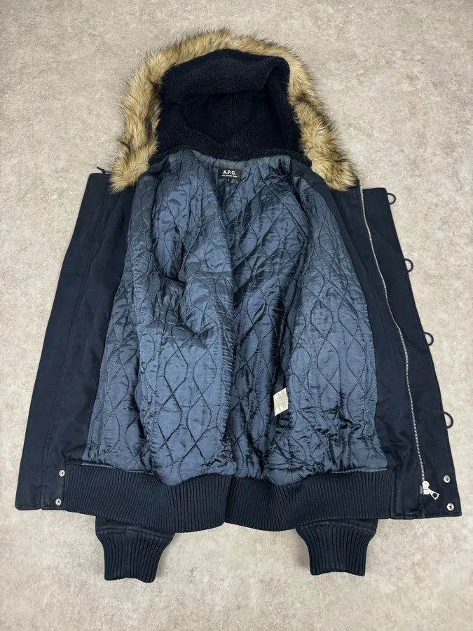 A.P.C. Navy Aviator Fur Hooded Bomber Jacket vFKjRUl 5