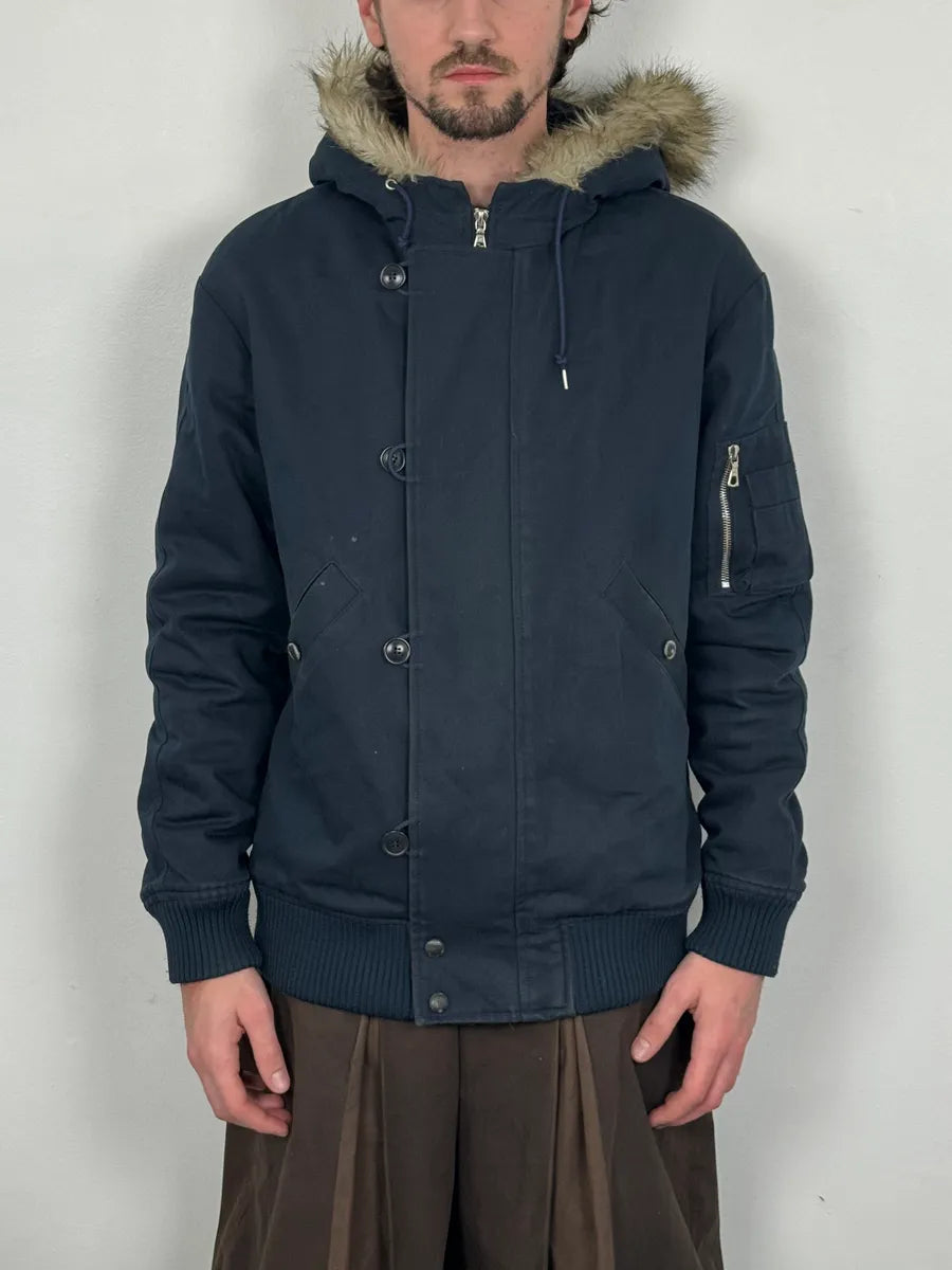 A.P.C. Navy Aviator Fur Hooded Bomber Jacket vFKjRUl 1
