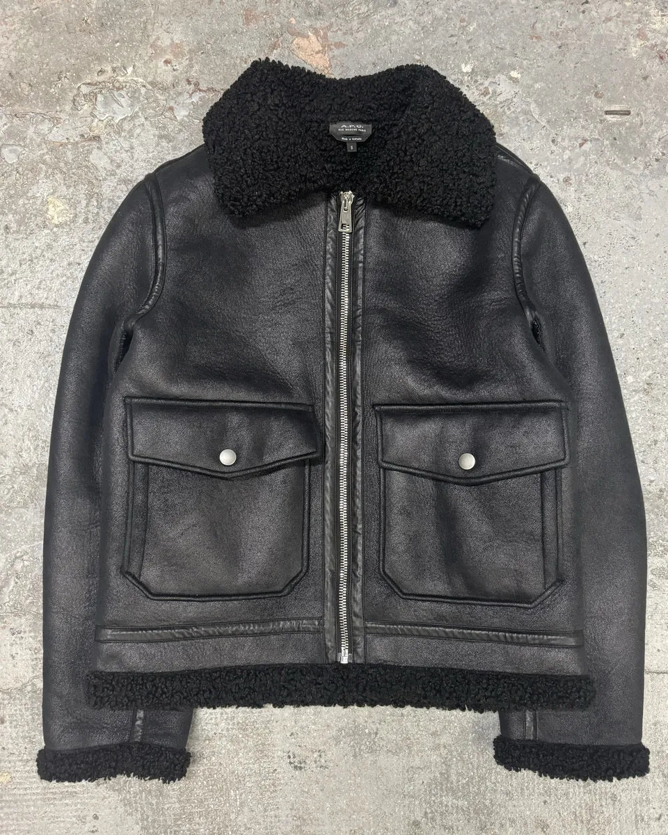 A.P.C. Black Premium Minimalist Shearling Leather Jacket HwzUjRe 0