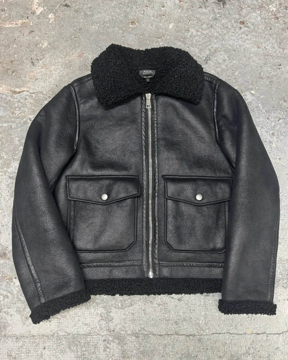A.P.C. Black Premium Minimalist Shearling Leather Jacket HwzUjRe 6