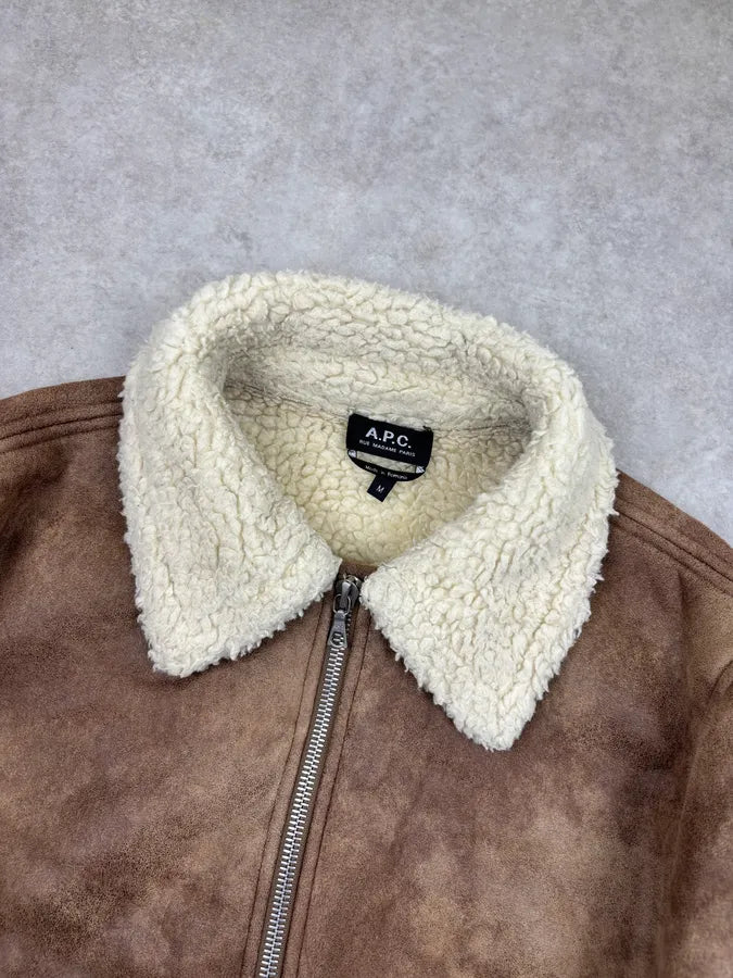 A.P.C. Brown Tan Suede Sherpa Collar Aviator Jacket BVUcSkM 4