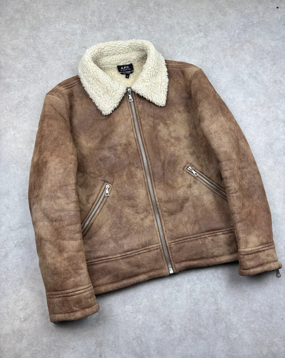 A.P.C. Brown Tan Suede Sherpa Collar Aviator Jacket BVUcSkM 3