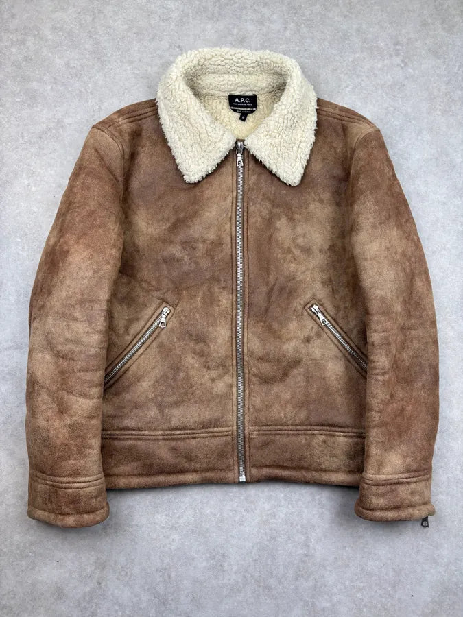 A.P.C. Brown Tan Suede Sherpa Collar Aviator Jacket BVUcSkM 0