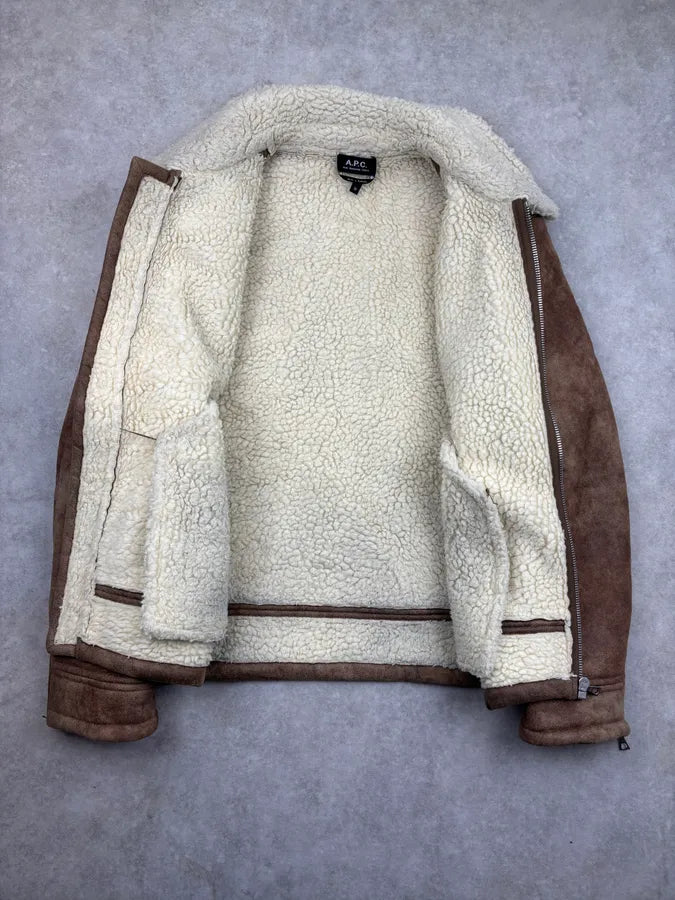 A.P.C. Brown Tan Suede Sherpa Collar Aviator Jacket BVUcSkM 7