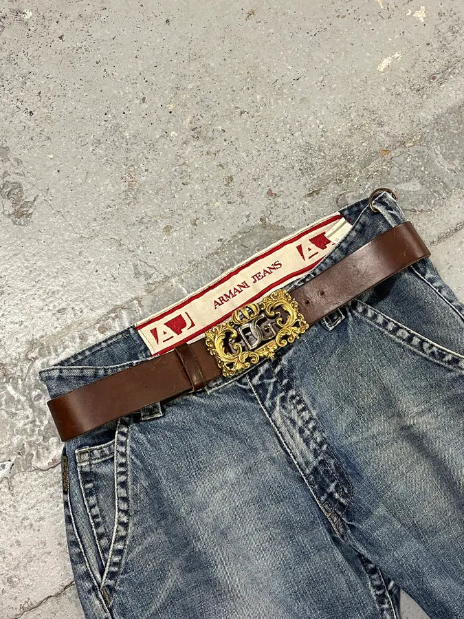 Dolce & Gabbana Brown Leather Ornate Baroque DG Buckle Belt uQyLdis 0