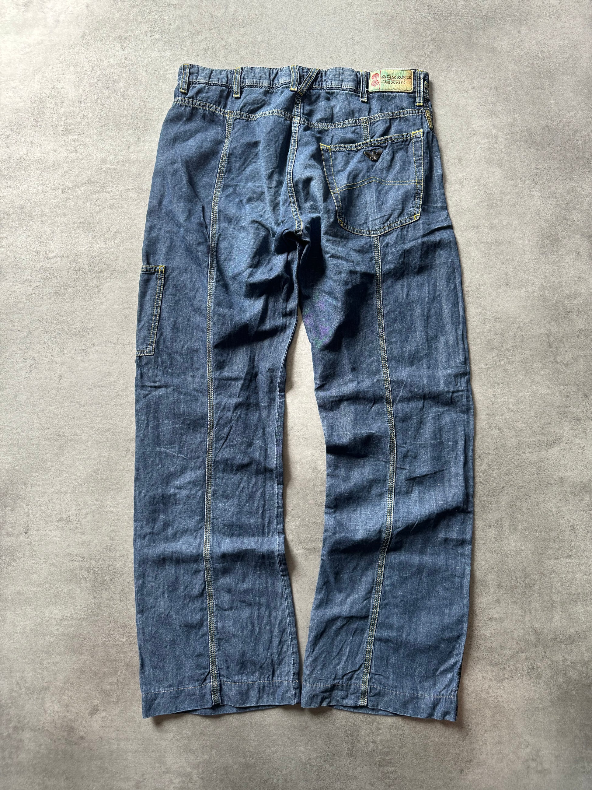 2000s Armani Relaxed Straight Linen Blue Pants (M) - 2