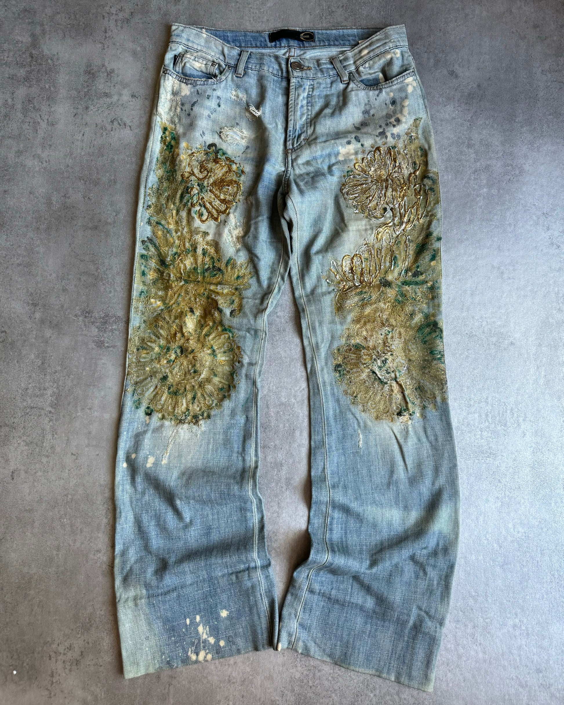 SS2006 Cavalli Painted Distressed Relaxed Royal Denim Jeans (S) - 1