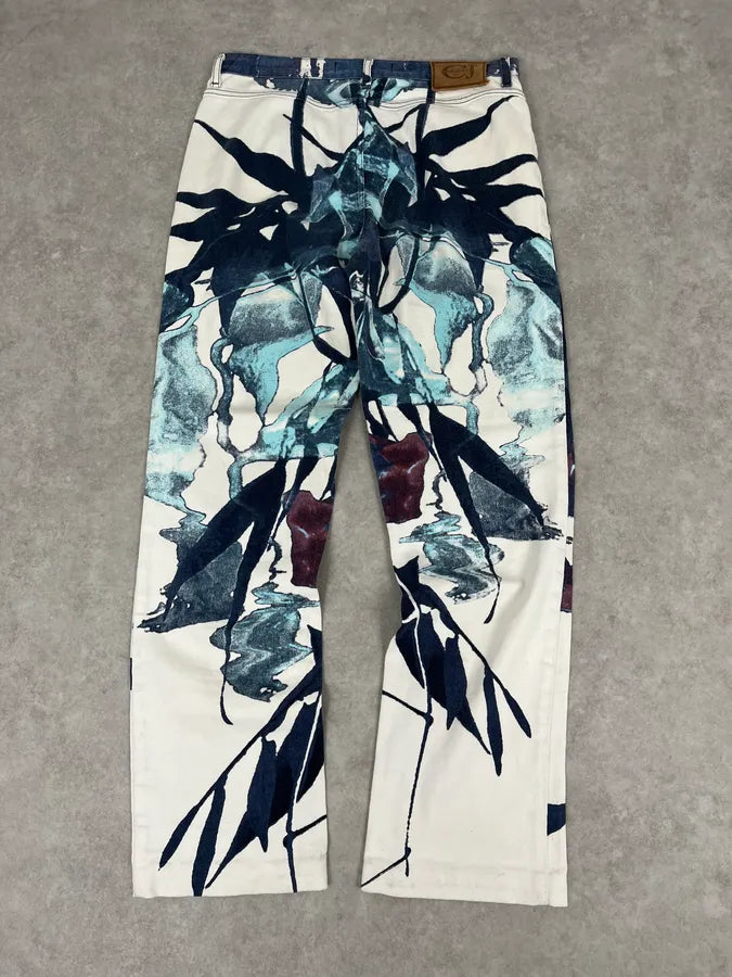 2000s Cavalli White Flowers Punk Navy Pants zIyetpK 6