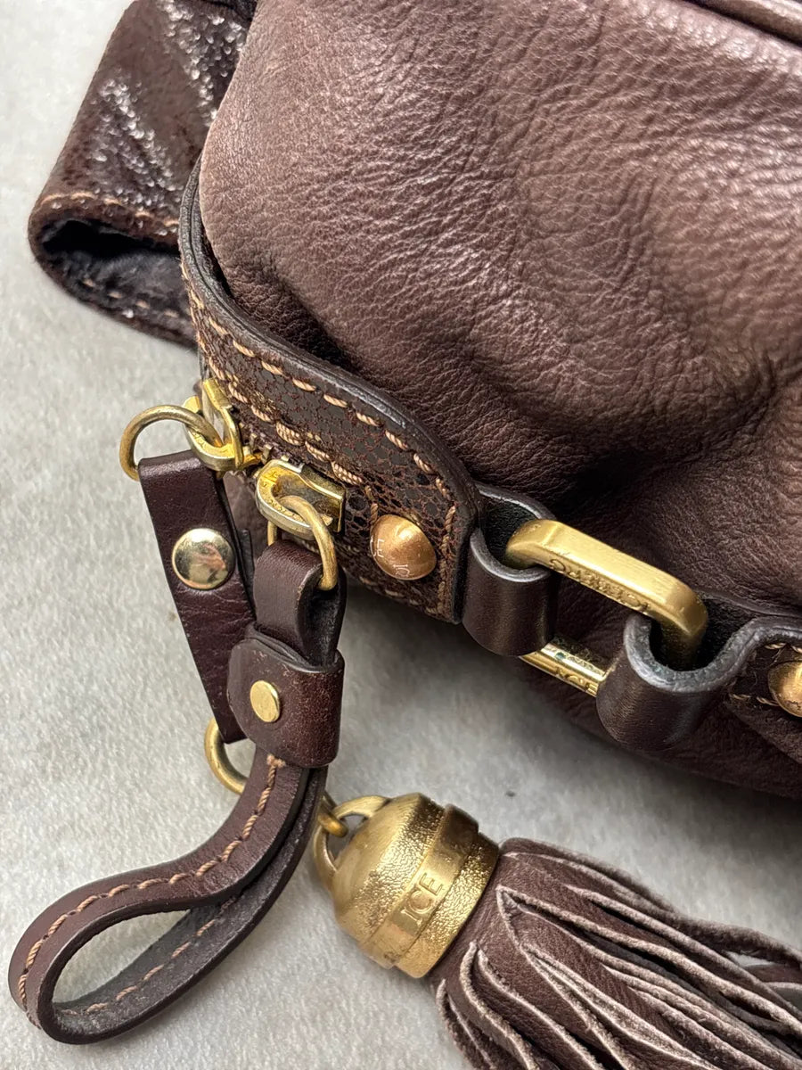 2000s Iceberg Dark Brown Leather Patchwork Tassel Bag aArKcyWW 17