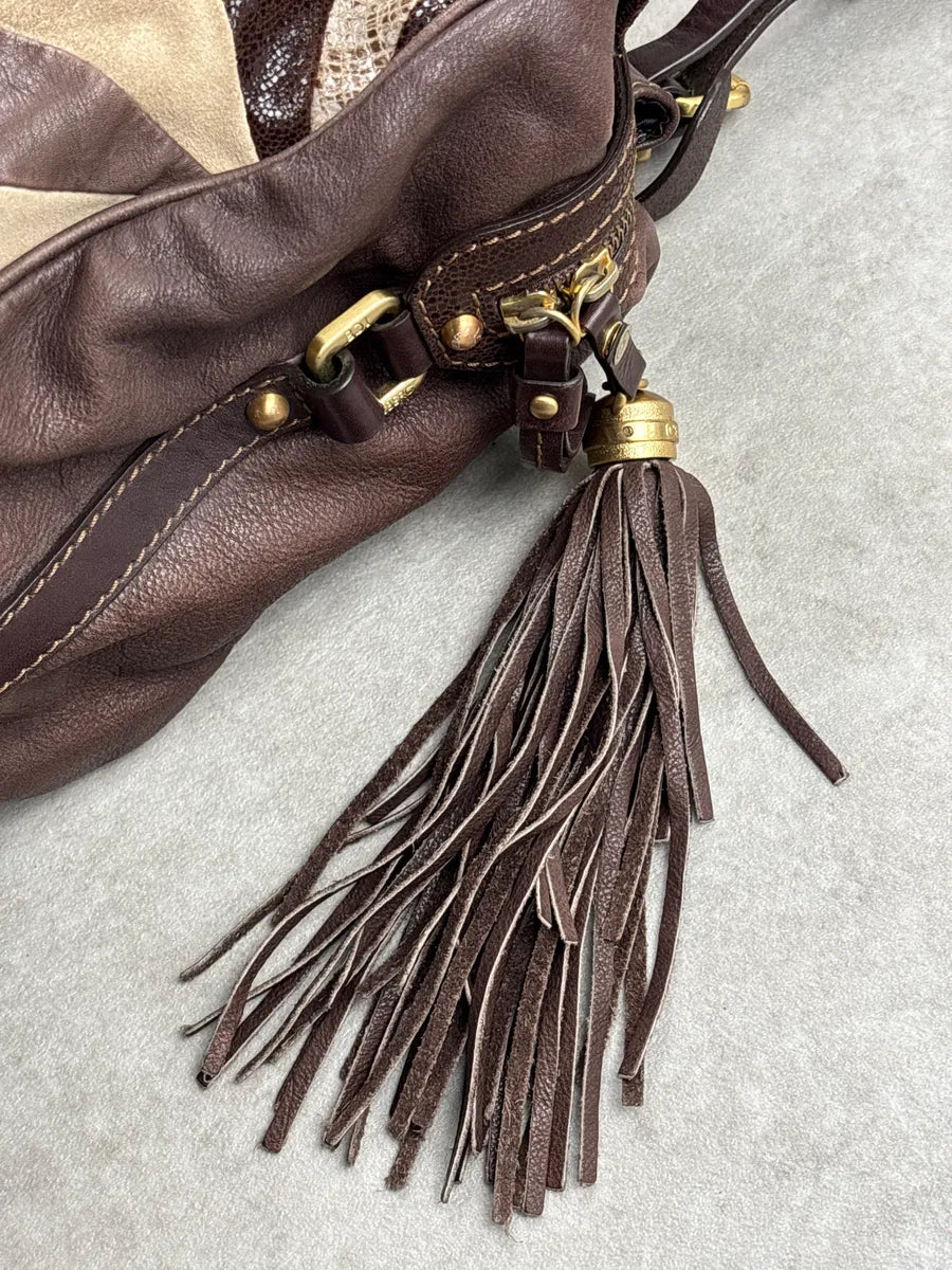 2000s Iceberg Dark Brown Leather Patchwork Tassel Bag aArKcyWW 11