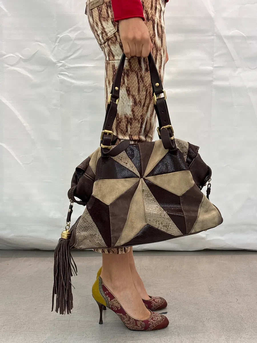 2000s Iceberg Dark Brown Leather Patchwork Tassel Bag aArKcyWW 1