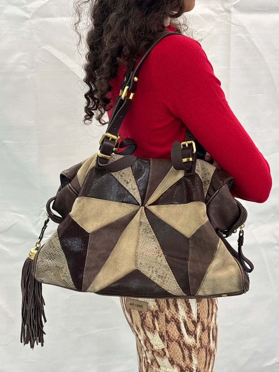 2000s Iceberg Dark Brown Leather Patchwork Tassel Bag aArKcyWW 2