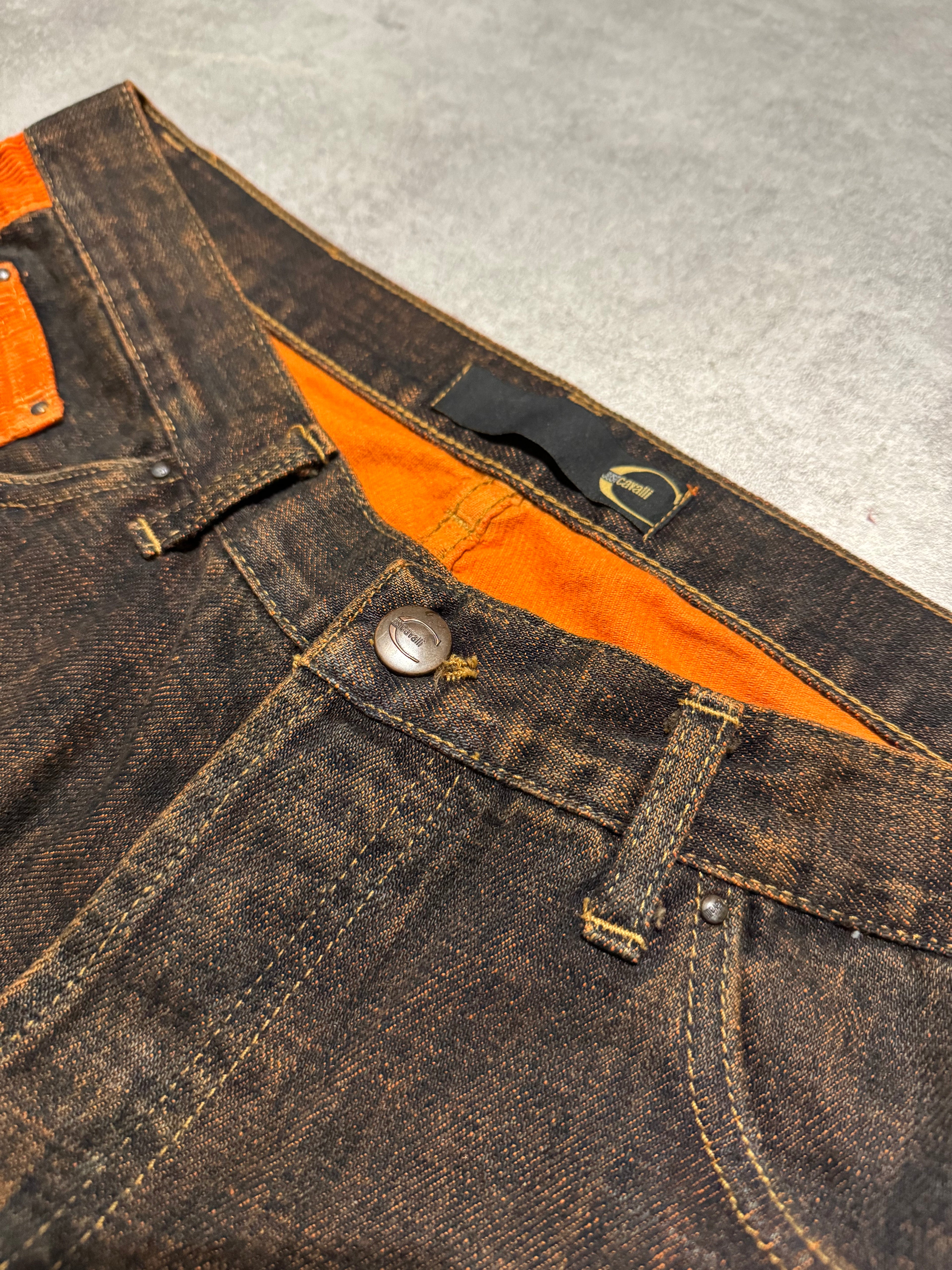 2000s Cavalli Straight Large Orange Velvet & Faded Denim Jeans (L) - 6