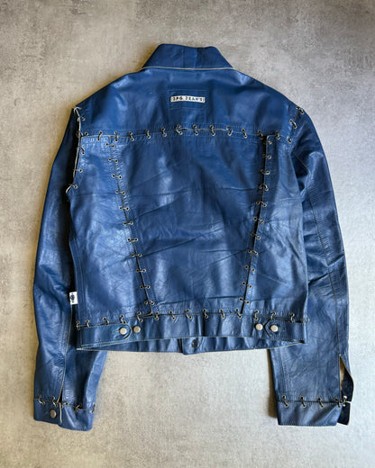 SS2003 Jean Paul Gaultier Pierced Blue Leather Trucker Jacket  (M) - 2