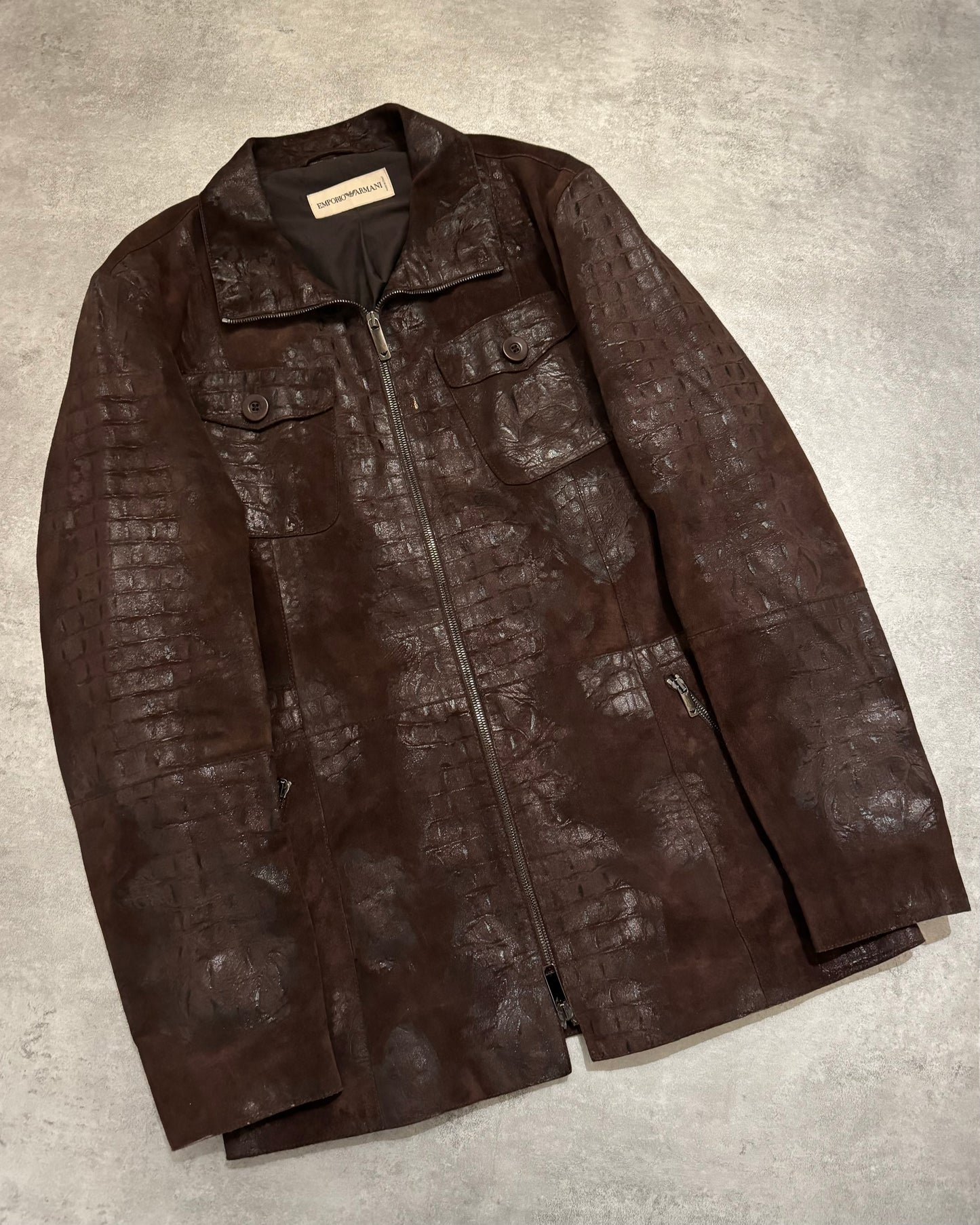 FW2005 Emporio Armani Brown Crocodile Effect Textured Leather Jacket (M) - 9