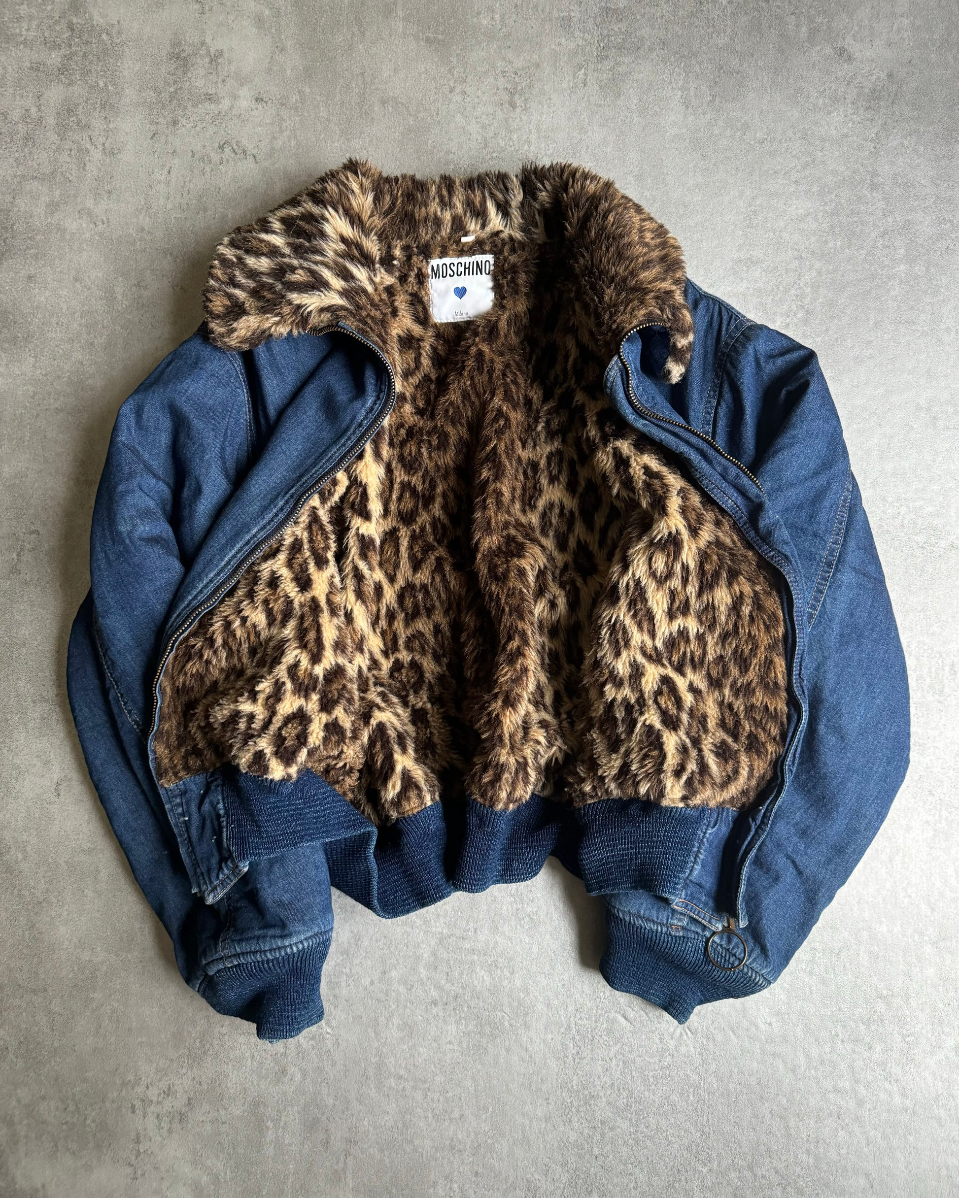 1990s Moschino Leopard Fur Denim Relaxed Bomber Jacket (S) - 2