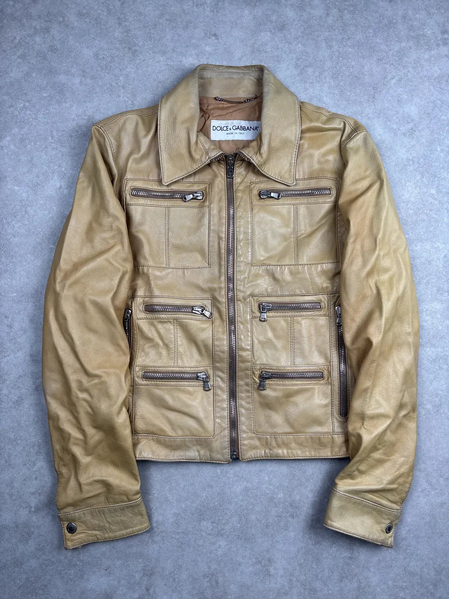 SS2002 Dolce & Gabbana Tan Leather Multi-Pocket Leather Jacket aKBxkyaQ 0