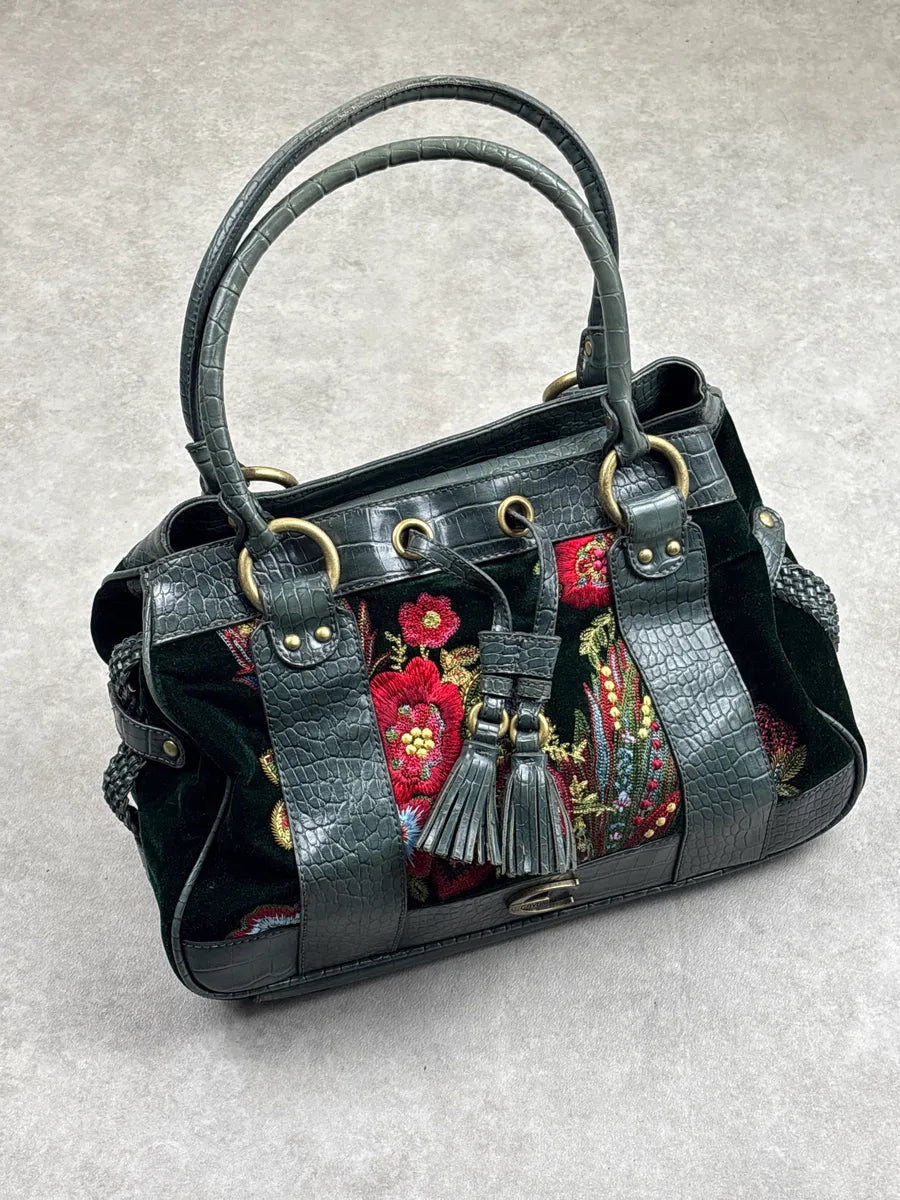2000s Cavalli Dark Green Leather Floral Embroidered Croc-Embossed Handle Bag aMYQPFxi 3