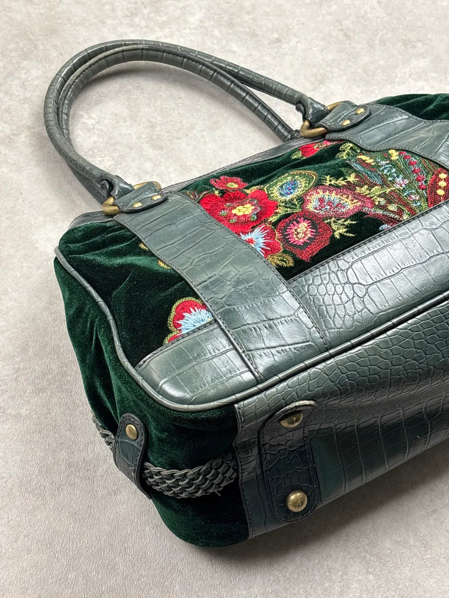 2000s Cavalli Dark Green Leather Floral Embroidered Croc-Embossed Handle Bag aMYQPFxi 8