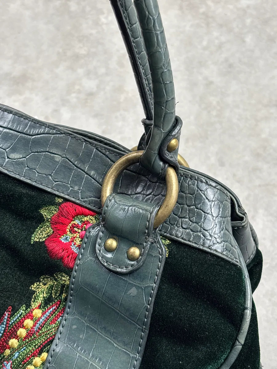 2000s Cavalli Dark Green Leather Floral Embroidered Croc-Embossed Handle Bag aMYQPFxi 13