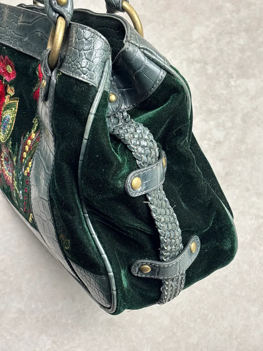 2000s Cavalli Dark Green Leather Floral Embroidered Croc-Embossed Handle Bag aMYQPFxi 14