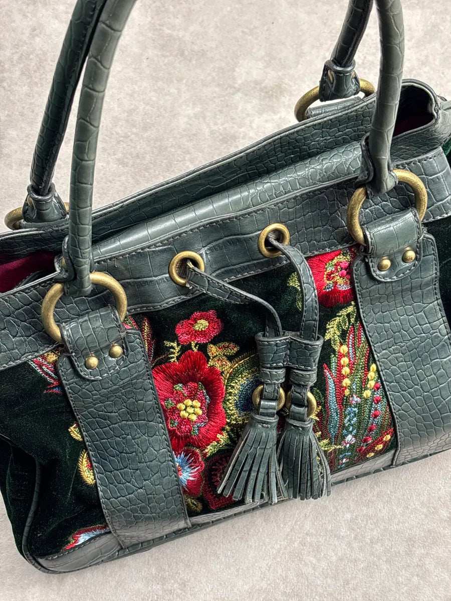 2000s Cavalli Dark Green Leather Floral Embroidered Croc-Embossed Handle Bag aMYQPFxi 9