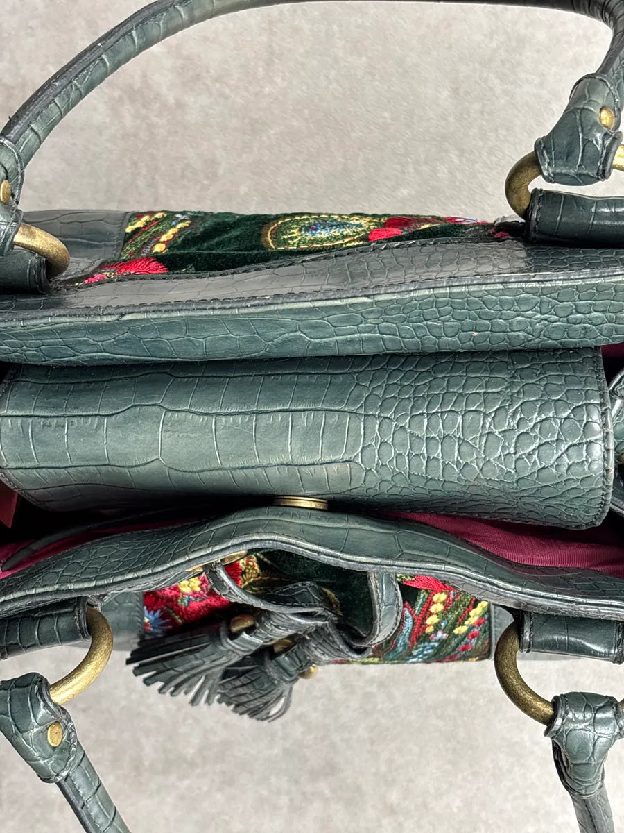 2000s Cavalli Dark Green Leather Floral Embroidered Croc-Embossed Handle Bag aMYQPFxi 15