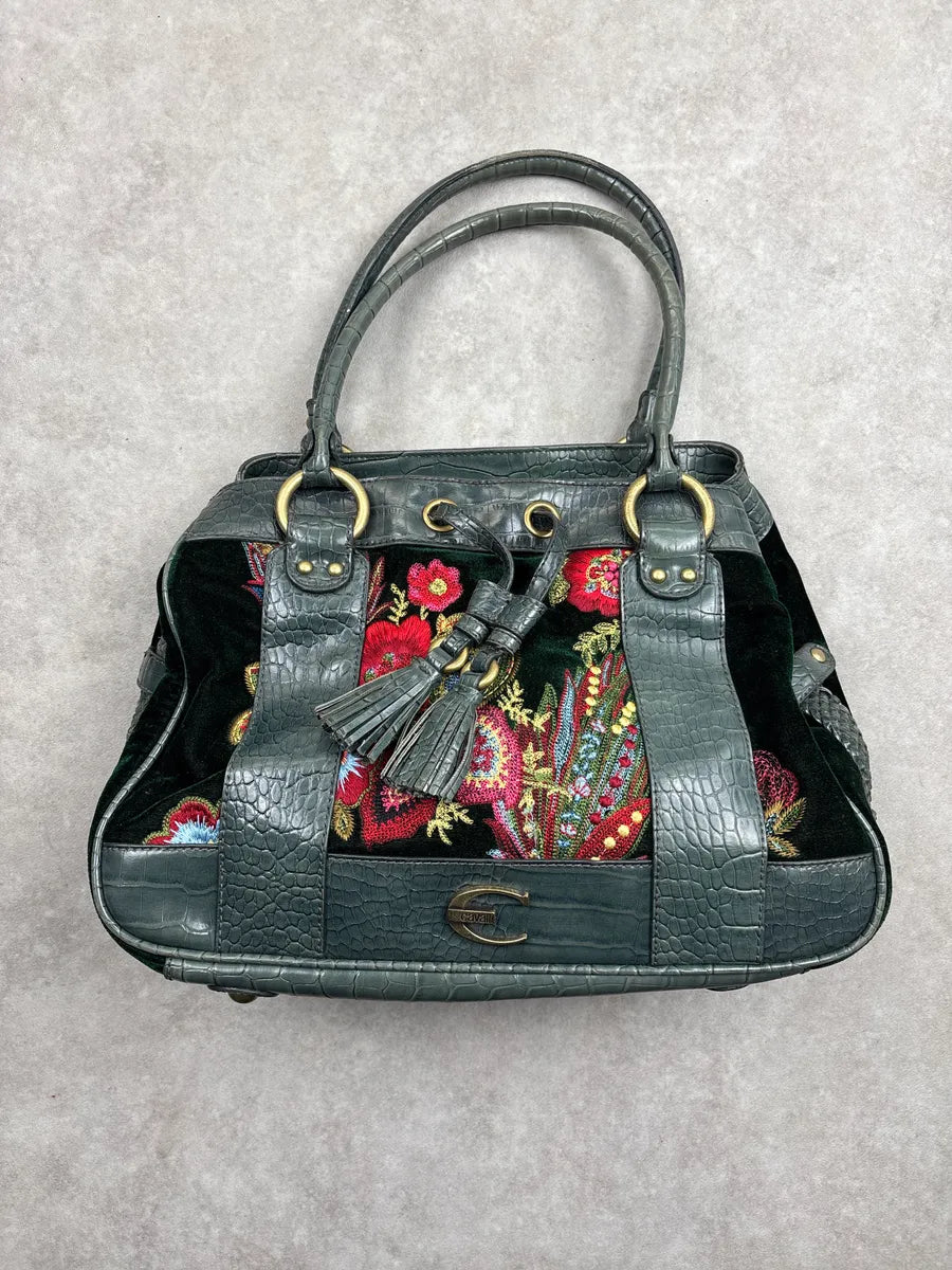 2000s Cavalli Dark Green Leather Floral Embroidered Croc-Embossed Handle Bag aMYQPFxi 0