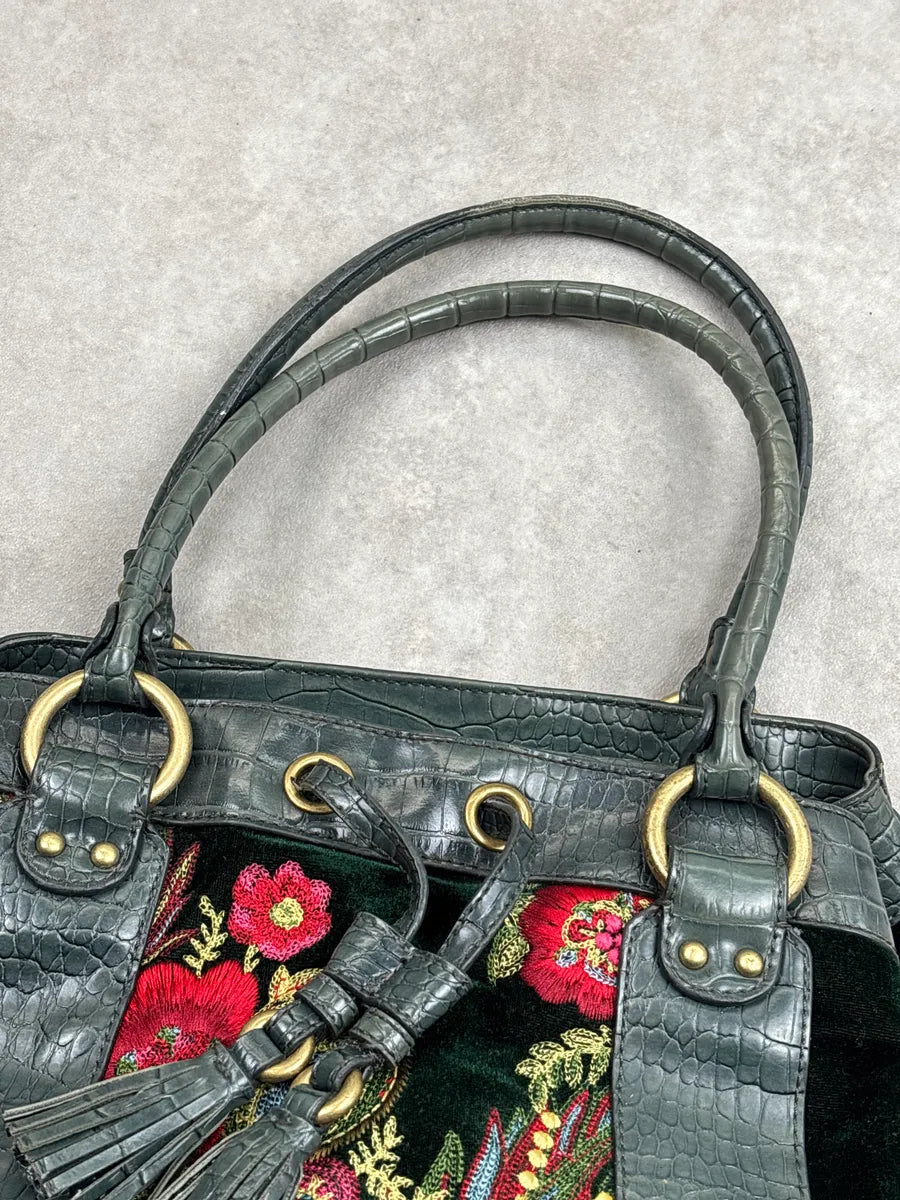2000s Cavalli Dark Green Leather Floral Embroidered Croc-Embossed Handle Bag aMYQPFxi 10