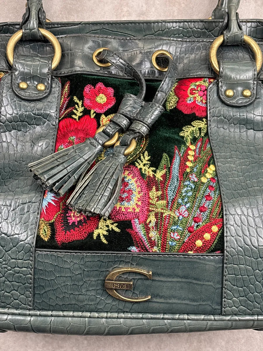 2000s Cavalli Dark Green Leather Floral Embroidered Croc-Embossed Handle Bag aMYQPFxi 11
