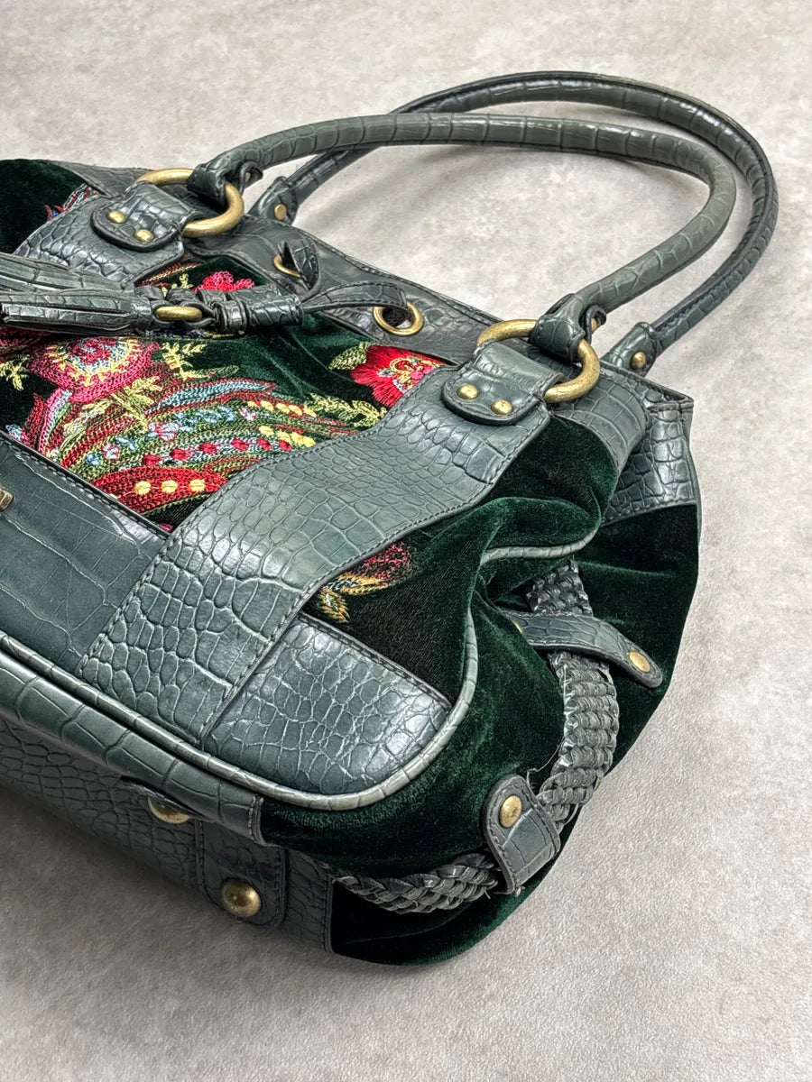 2000s Cavalli Dark Green Leather Floral Embroidered Croc-Embossed Handle Bag aMYQPFxi 4