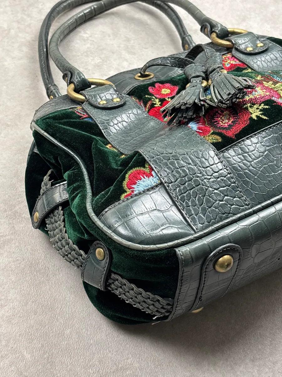 2000s Cavalli Dark Green Leather Floral Embroidered Croc-Embossed Handle Bag aMYQPFxi 5