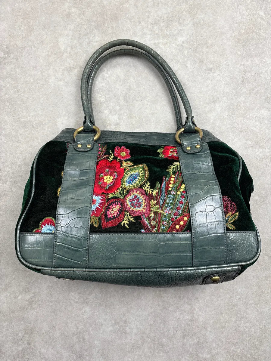 2000s Cavalli Dark Green Leather Floral Embroidered Croc-Embossed Handle Bag aMYQPFxi 6